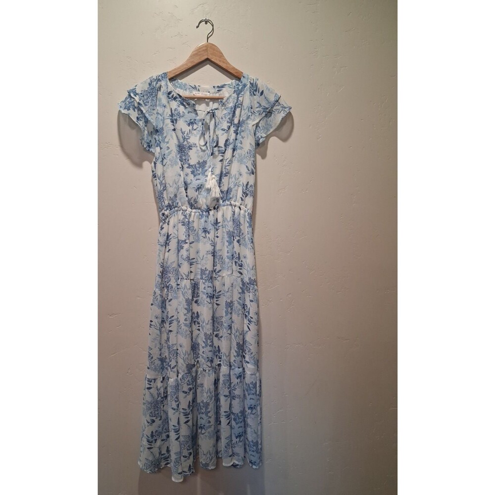 By The River Floral Women's S Midi Dress Blue Cottagecore Smocked Tiered Boho